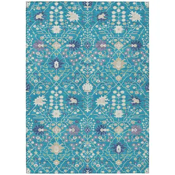 8' X 10' Teal Blue Purple And Ivory Oriental Washable Indoor Outdoor Area Rug