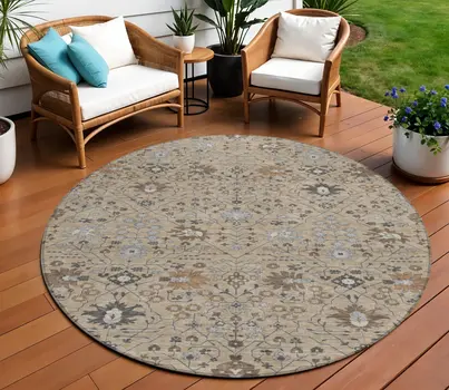 8' Taupe Brown And Gray Round Oriental Washable Indoor Outdoor Area Rug