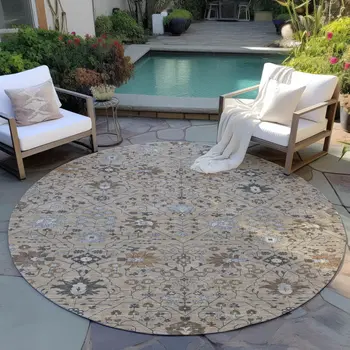 8' Taupe Brown And Gray Round Oriental Washable Indoor Outdoor Area Rug