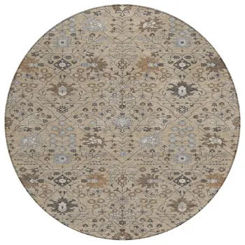 8' Taupe Brown And Gray Round Oriental Washable Indoor Outdoor Area Rug