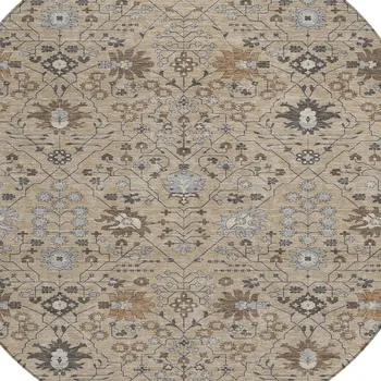 8' Taupe Brown And Gray Round Oriental Washable Indoor Outdoor Area Rug