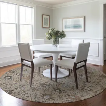 8' Taupe Brown And Gray Round Oriental Washable Indoor Outdoor Area Rug