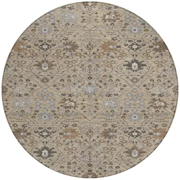 8' Taupe Brown And Gray Round Oriental Washable Indoor Outdoor Area Rug