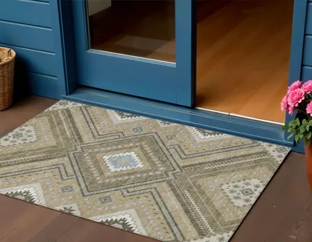 3' X 5' Beige Gray And Ivory Tribal Washable Indoor Outdoor Area Rug