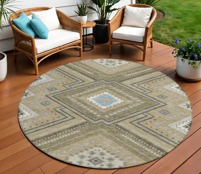 8' Beige Gray And Ivory Round Tribal Washable Indoor Outdoor Area Rug
