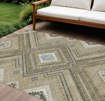 9' X 12' Beige Gray And Ivory Tribal Washable Indoor Outdoor Area Rug