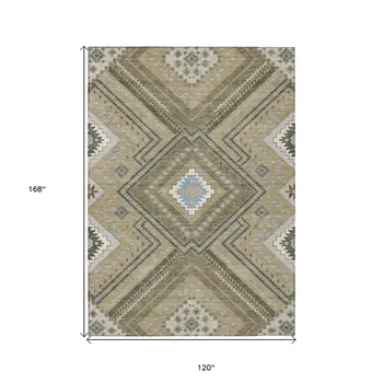 10' X 14' Beige Gray And Ivory Tribal Washable Indoor Outdoor Area Rug