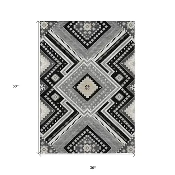 3' X 5' Black Gray And Ivory Tribal Washable Indoor Outdoor Area Rug
