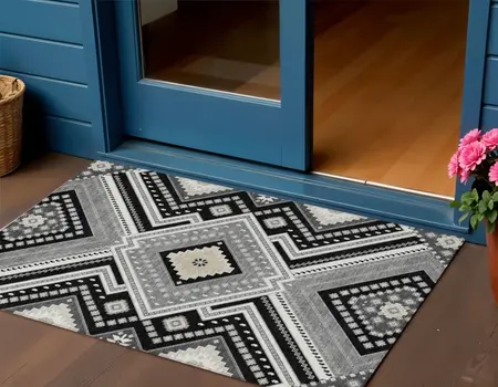 3' X 5' Black Gray And Ivory Tribal Washable Indoor Outdoor Area Rug