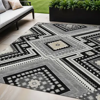 5' X 8' Black Gray And Ivory Tribal Washable Indoor Outdoor Area Rug