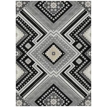 5' X 8' Black Gray And Ivory Tribal Washable Indoor Outdoor Area Rug