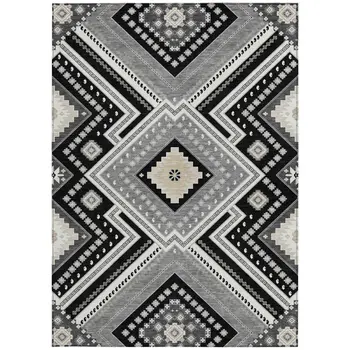 5' X 8' Black Gray And Ivory Tribal Washable Indoor Outdoor Area Rug