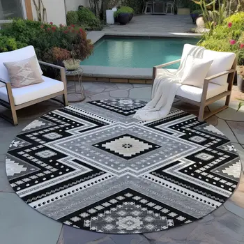 8' Black Round Tribal Washable Indoor Outdoor Area Rug