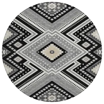 8' Black Round Tribal Washable Indoor Outdoor Area Rug