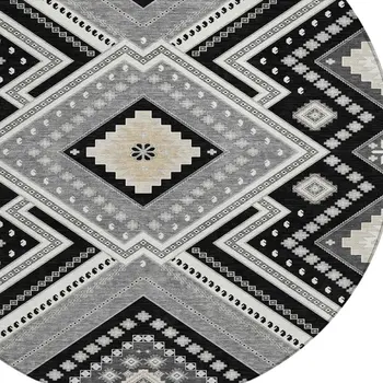 8' Black Round Tribal Washable Indoor Outdoor Area Rug