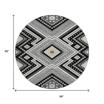 8' Black Round Tribal Washable Indoor Outdoor Area Rug