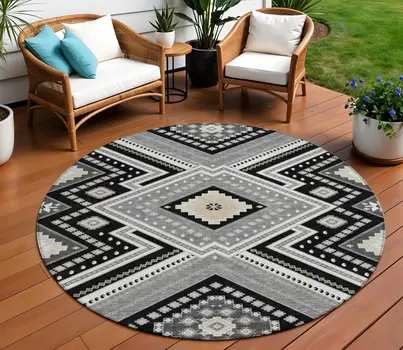8' Black Round Tribal Washable Indoor Outdoor Area Rug