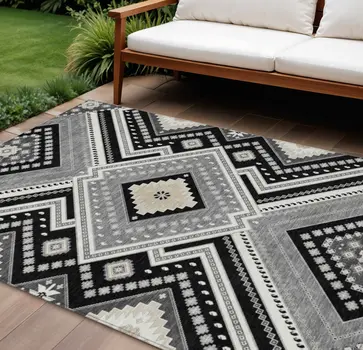9' X 12' Black Gray And Ivory Tribal Washable Indoor Outdoor Area Rug
