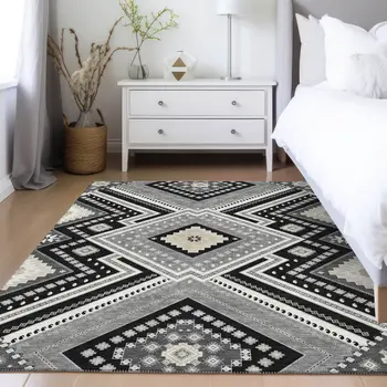 9' X 12' Black Gray And Ivory Tribal Washable Indoor Outdoor Area Rug