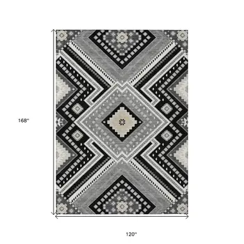 10' X 14' Black Gray And Ivory Tribal Washable Indoor Outdoor Area Rug