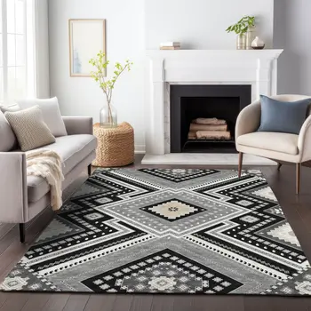 10' X 14' Black Gray And Ivory Tribal Washable Indoor Outdoor Area Rug