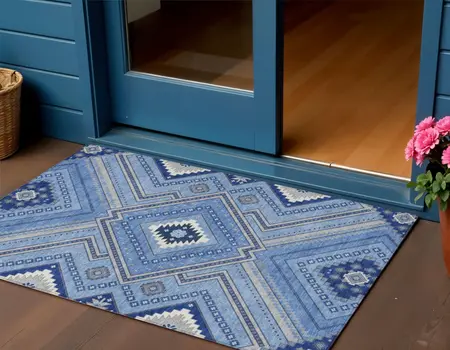 3' X 5' Blue Gray And Ivory Tribal Washable Indoor Outdoor Area Rug