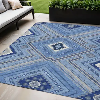 5' X 8' Blue Gray And Ivory Tribal Washable Indoor Outdoor Area Rug