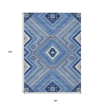 8' X 10' Blue Gray And Ivory Tribal Washable Indoor Outdoor Area Rug