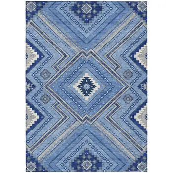8' X 10' Blue Gray And Ivory Tribal Washable Indoor Outdoor Area Rug