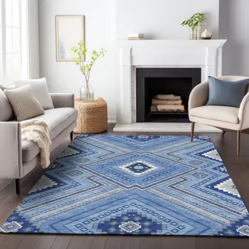 8' X 10' Blue Gray And Ivory Tribal Washable Indoor Outdoor Area Rug