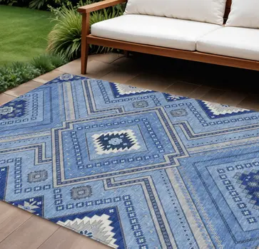 9' X 12' Blue Gray And Ivory Tribal Washable Indoor Outdoor Area Rug