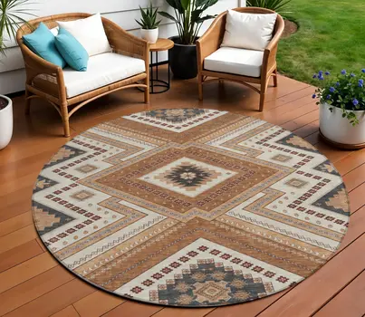 8' Copper Brown And Beige Round Tribal Washable Indoor Outdoor Area Rug