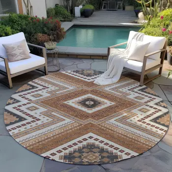 8' Copper Brown And Beige Round Tribal Washable Indoor Outdoor Area Rug