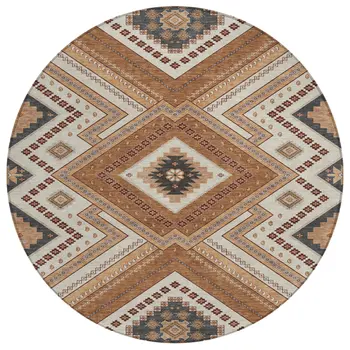 8' Copper Brown And Beige Round Tribal Washable Indoor Outdoor Area Rug
