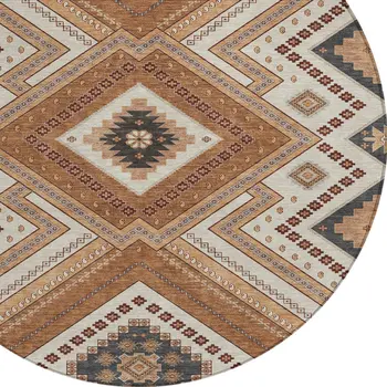 8' Copper Brown And Beige Round Tribal Washable Indoor Outdoor Area Rug