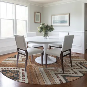 8' Copper Brown And Beige Round Tribal Washable Indoor Outdoor Area Rug