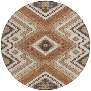 8' Copper Brown And Beige Round Tribal Washable Indoor Outdoor Area Rug