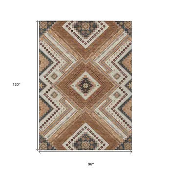 8' X 10' Copper Brown And Beige Tribal Washable Indoor Outdoor Area Rug