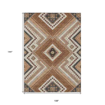 9' X 12' Copper Brown And Beige Tribal Washable Indoor Outdoor Area Rug