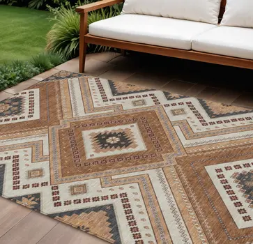 9' X 12' Copper Brown And Beige Tribal Washable Indoor Outdoor Area Rug