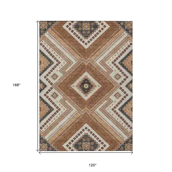 10' X 14' Copper Brown And Beige Tribal Washable Indoor Outdoor Area Rug