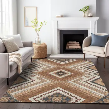 10' X 14' Copper Brown And Beige Tribal Washable Indoor Outdoor Area Rug