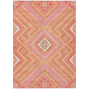 5' X 8' Coral Pink And Ivory Tribal Washable Indoor Outdoor Area Rug