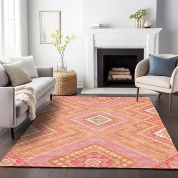 5' X 8' Coral Pink And Ivory Tribal Washable Indoor Outdoor Area Rug