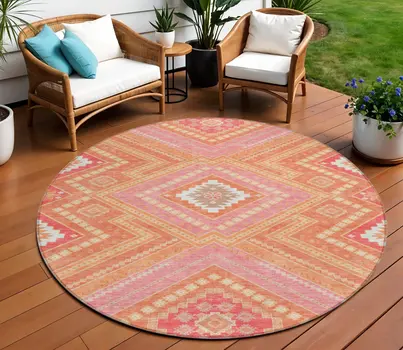 8' Coral Pink And Ivory Round Tribal Washable Indoor Outdoor Area Rug