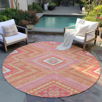 8' Coral Pink And Ivory Round Tribal Washable Indoor Outdoor Area Rug