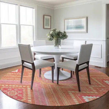 8' Coral Pink And Ivory Round Tribal Washable Indoor Outdoor Area Rug