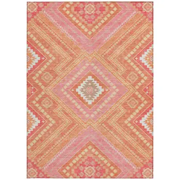 9' X 12' Coral Pink And Ivory Tribal Washable Indoor Outdoor Area Rug