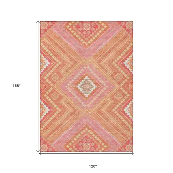 10' X 14' Coral Pink And Ivory Tribal Washable Indoor Outdoor Area Rug