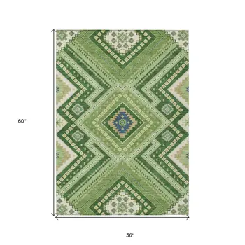 3' X 5' Green Ivory And Beige Tribal Washable Indoor Outdoor Area Rug